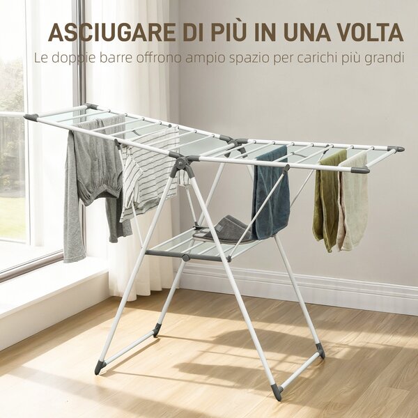 HOMCOM Stendibiancheria a 2 Livelli Regolabile su 4 Altezze, in Metallo e Plastica, 156.5x61.5x97 cm, Bianco | Aosom Italy