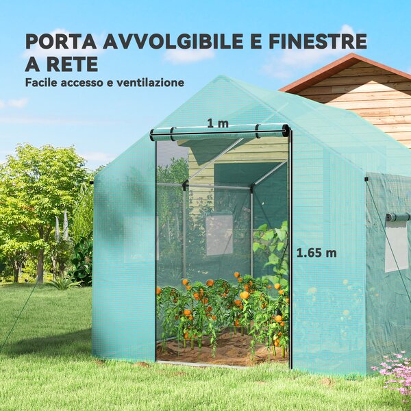 Outsunny Serra a Tunnel 2x3x2 m con Porte e Finestre Avvolgibili e Tetto a Punta, in Acciaio e PE, Verde | Aosom Italy