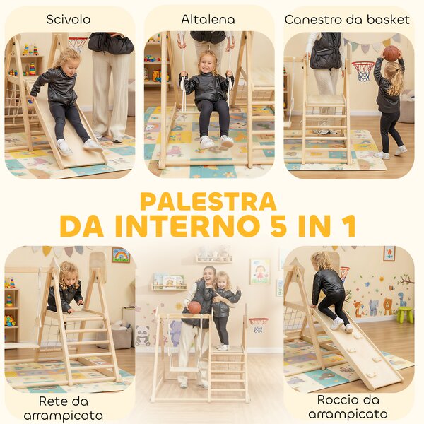 AIYAPLAY Gioco Arrampicata 5 in 1 Pieghevole con Scivolo, 2 Pareti, Altalena e Canestro, in Legno, 140x172.5x116.5 cm | Aosom Italy