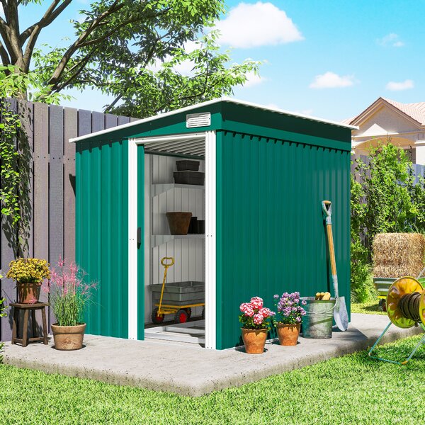 Outsunny Casetta da Giardino con Base, Porta Scorrevole e Tetto Inclinato, Capanno Attrezzi in Metallo, 1.5x2m, Verde | Aosom Ital