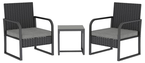 Outsunny Salotto da Giardino in Rattan con 2 Poltrone da Esterno e Tavolino con Piano in Vetro, Nero | Aosom Italy