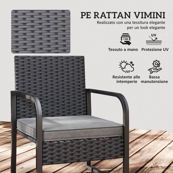 Outsunny Salotto da Giardino in Rattan con 2 Poltrone da Esterno e Tavolino con Piano in Vetro, Nero | Aosom Italy