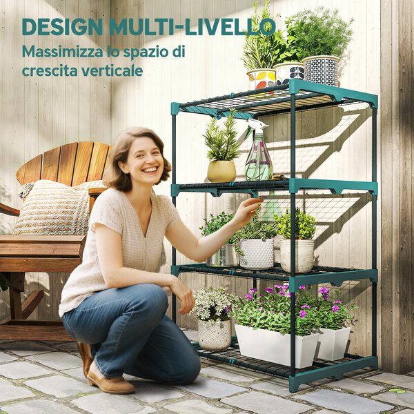 Outsunny Portapiante a 4 Livelli Aperti in Acciaio e Plastica, 67x49x105 cm, Verde Scuro | Aosom Italy