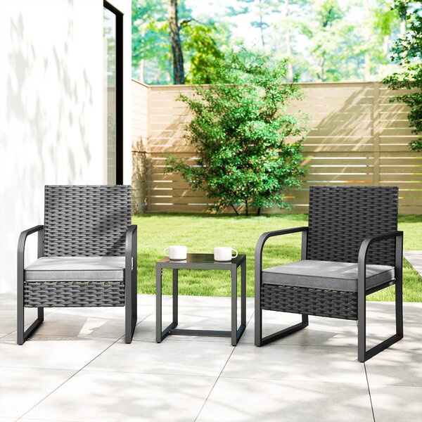 Outsunny Salotto da Giardino in Rattan con 2 Poltrone da Esterno e Tavolino con Piano in Vetro, Nero | Aosom Italy