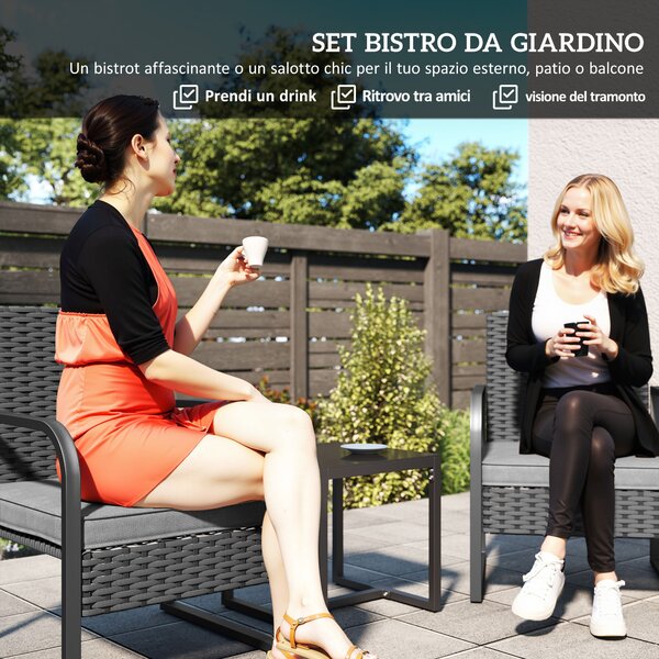 Outsunny Salotto da Giardino in Rattan con 2 Poltrone da Esterno e Tavolino con Piano in Vetro, Nero | Aosom Italy