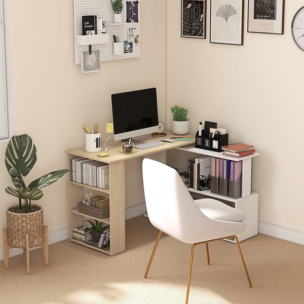 HOMCOM Scrivania Angolare con Piano Girevole a 360° e 5 Ripiani, 120x110x74.5 cm, Color Legno, Bianco | Aosom Italy