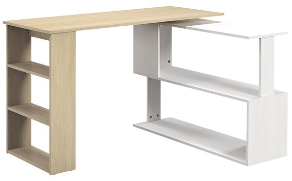 HOMCOM Scrivania Angolare con Piano Girevole a 360° e 5 Ripiani, 120x110x74.5 cm, Color Legno, Bianco | Aosom Italy