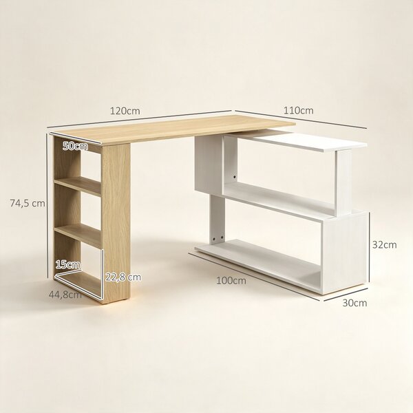 HOMCOM Scrivania Angolare con Piano Girevole a 360° e 5 Ripiani, 120x110x74.5 cm, Color Legno, Bianco | Aosom Italy