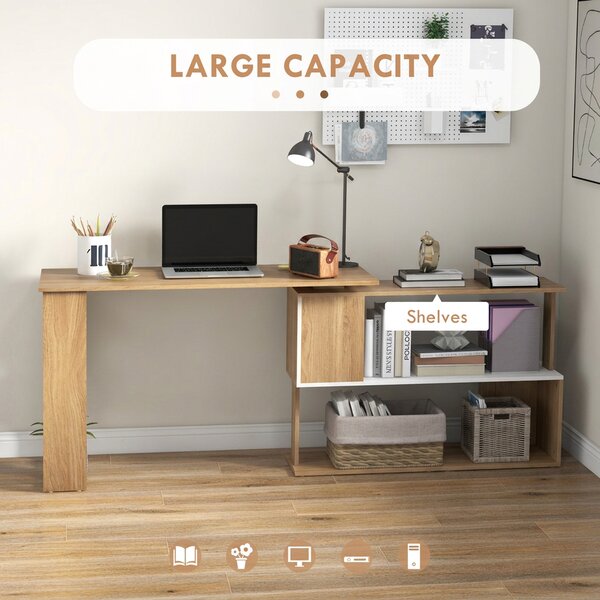 HOMCOM Scrivania Angolare con Piano Girevole a 360° e 5 Ripiani, 120x110x74.5 cm, Color Legno, Bianco | Aosom Italy