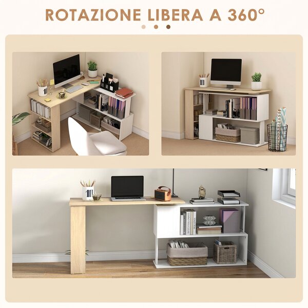 HOMCOM Scrivania Angolare con Piano Girevole a 360° e 5 Ripiani, 120x110x74.5 cm, Color Legno, Bianco | Aosom Italy