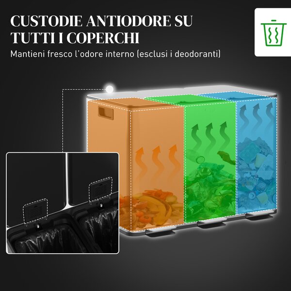HOMCOM Pattumiera Differenziata 3 Scomparti 10L da Cucina a Pedale, Cestino Spazzatura con 3 Coperchi a Chiusura Silenziosa in Acciaio Inox e PP, 49.6x34.5x38.6 cm, Argento | Aosom Italy
