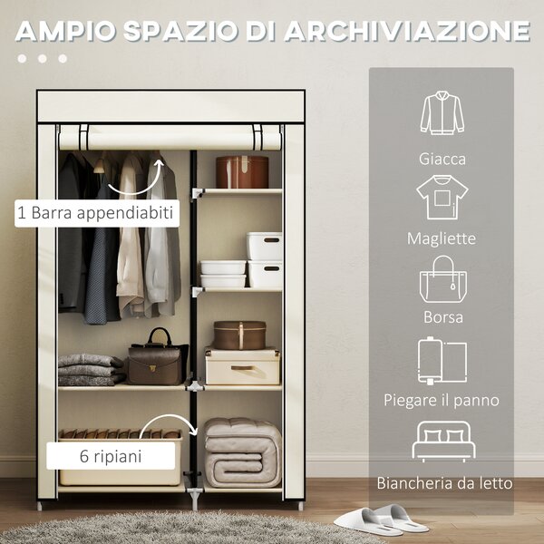 HOMCOM Armadio Guardaroba Portatile in Tessuto con 6 Ripiani Aperti e un Appendino, 103x43x162.5 cm, Crema | Aosom Italy