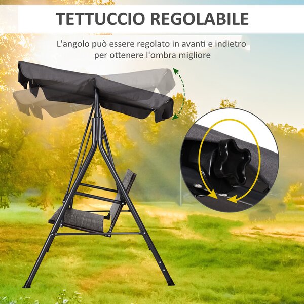 Outsunny Dondolo da Giardino 2 Posti con Tettuccio Regolabile, 140x110x151 cm, Marrone e Grigio | Aosom Italy