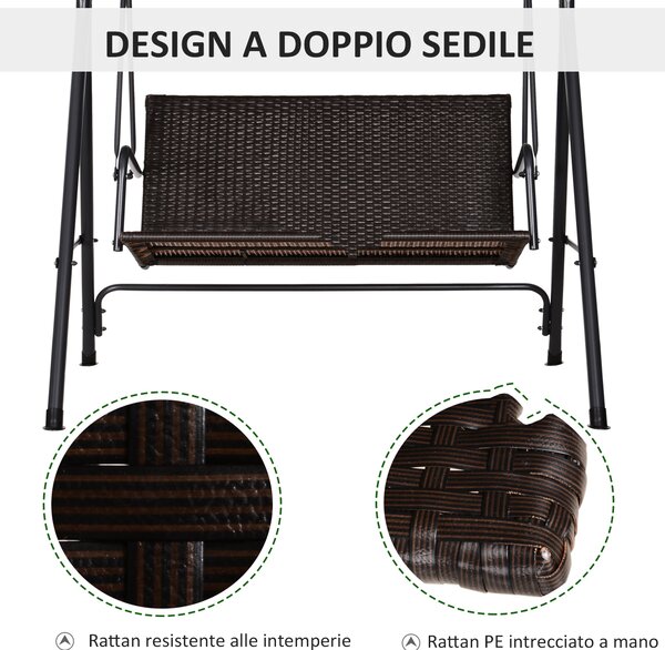 Outsunny Dondolo da Giardino 2 Posti con Tettuccio Regolabile, 140x110x151 cm, Marrone e Grigio | Aosom Italy