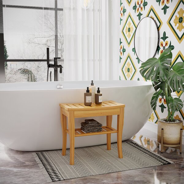 HOMCOM Sgabello Bagno Bambù Naturale Ripiano Portaoggetti Anziani Disabili Portata 100kg Bambù 47,5x26x44,5 cm