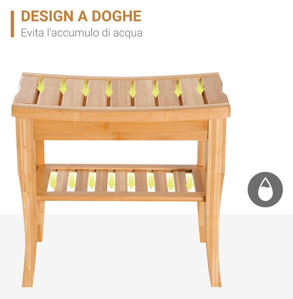 HOMCOM Sgabello Bagno Bambù Naturale Ripiano Portaoggetti Anziani Disabili Portata 100kg Bambù 47,5x26x44,5 cm