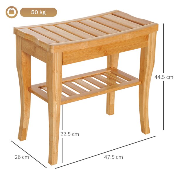 HOMCOM Sgabello Bagno Bambù Naturale Ripiano Portaoggetti Anziani Disabili Portata 100kg Bambù 47,5x26x44,5 cm