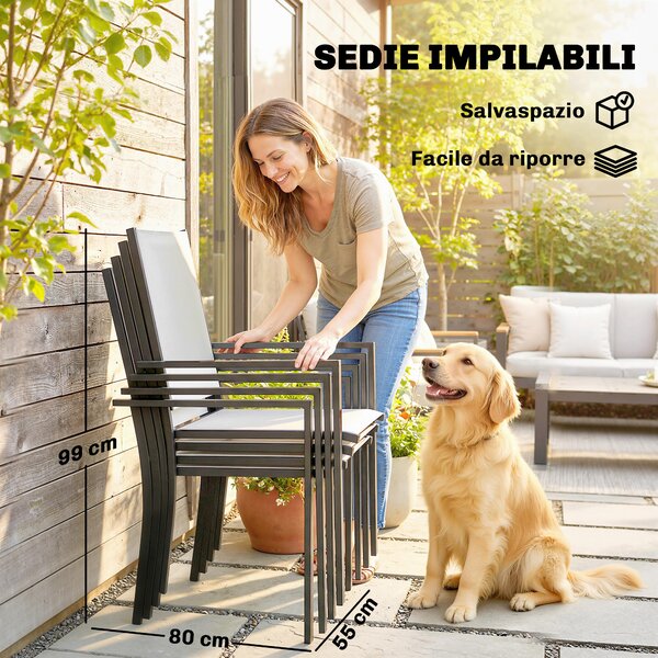 Outsunny Set da Giardino 5pz con 4 Sedie Impilabili e Tavolo in Vetro Temperato con Foro per Ombrellone, Grigio Chiaro | Aosom Italy
