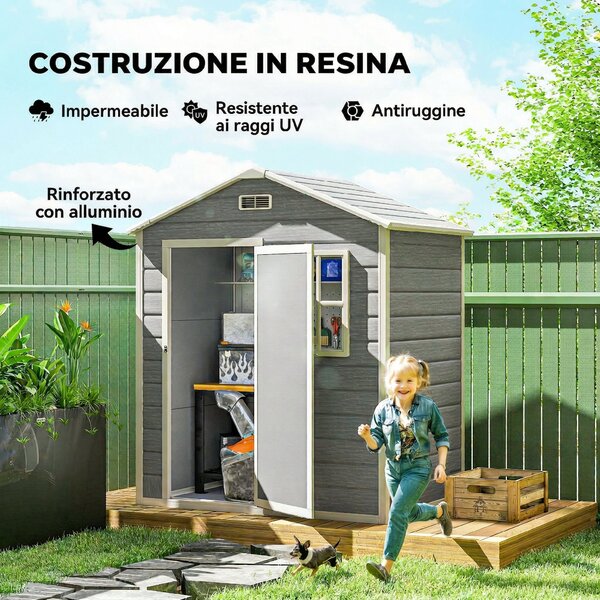 Outsunny Capanno da Giardino, Capanno in Plastica con Pavimento, Finestra, Porta con Serratura e Prese d'Aria, Grigio | Aosom Italy