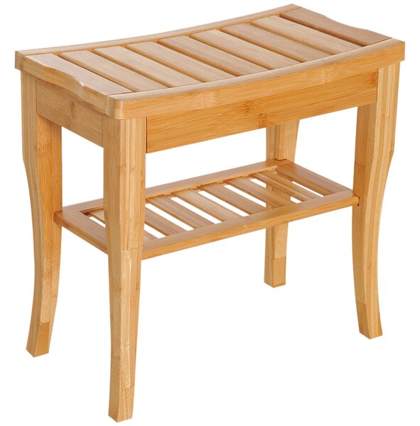 HOMCOM Sgabello Bagno Bambù Naturale Ripiano Portaoggetti Anziani Disabili Portata 100kg Bambù 47,5x26x44,5 cm