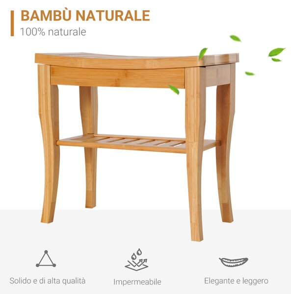 HOMCOM Sgabello Bagno Bambù Naturale Ripiano Portaoggetti Anziani Disabili Portata 100kg Bambù 47,5x26x44,5 cm