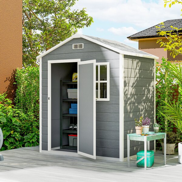 Outsunny Capanno da Giardino, Capanno in Plastica con Pavimento, Finestra, Porta con Serratura e Prese d'Aria, Grigio | Aosom Italy