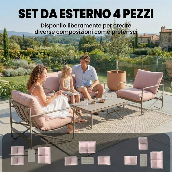 Outsunny Set da Giardino 4 Persone: Divanetto, Poltrone, Tavolo, Metallo, Rosa | Aosom Italy