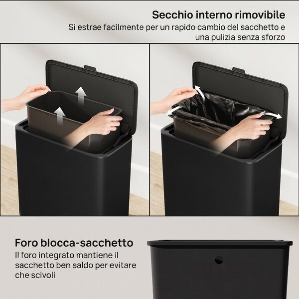 HOMCOM Cestino Spazzatura da 8L con Coperchio in Acciaio Inox e Secchio Interno Rimovibile, 29.7x17.4x30 cm, Nero | Aosom Italy