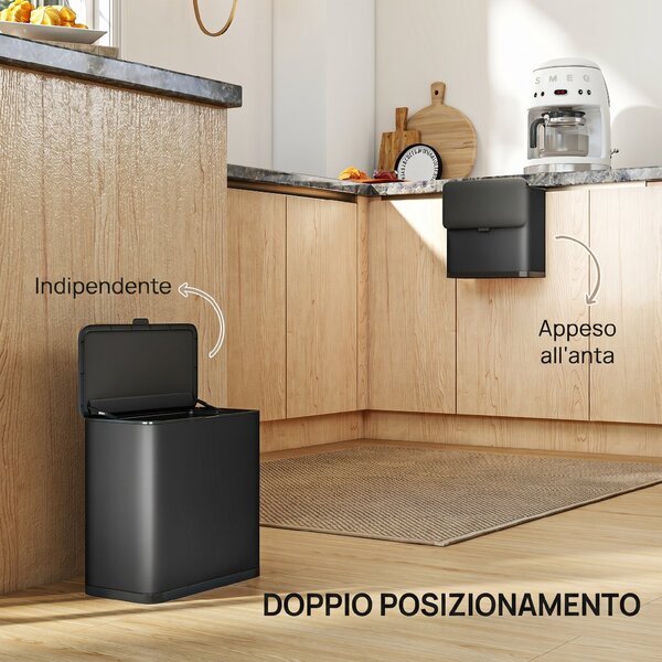 HOMCOM Cestino Spazzatura da 8L con Coperchio in Acciaio Inox e Secchio Interno Rimovibile, 29.7x17.4x30 cm, Nero | Aosom Italy