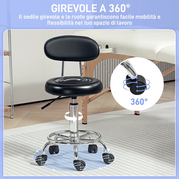 HOMCOM Sgabello Regolabile Girevole a 360° con Schienale, Ruote e Poggiapiedi, in Acciaio, Finta pelle e Schiuma, Nero | Aosom Italy