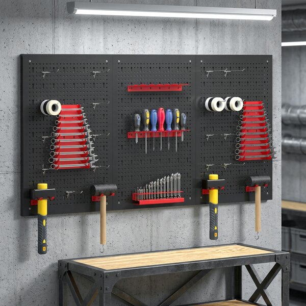 HOMCOM Set 3 Pannelli Porta Attrezzi da Parete in Acciaio con 9 Supporti e 16 Ganci, Nero e Rosso | Aosom Italy