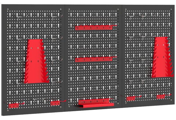 HOMCOM Set 3 Pannelli Porta Attrezzi da Parete in Acciaio con 9 Supporti e 16 Ganci, Nero e Rosso | Aosom Italy