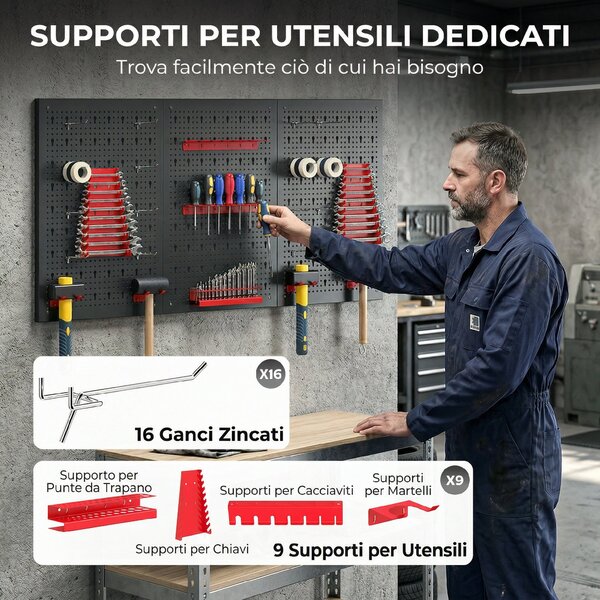 HOMCOM Set 3 Pannelli Porta Attrezzi da Parete in Acciaio con 9 Supporti e 16 Ganci, Nero e Rosso | Aosom Italy