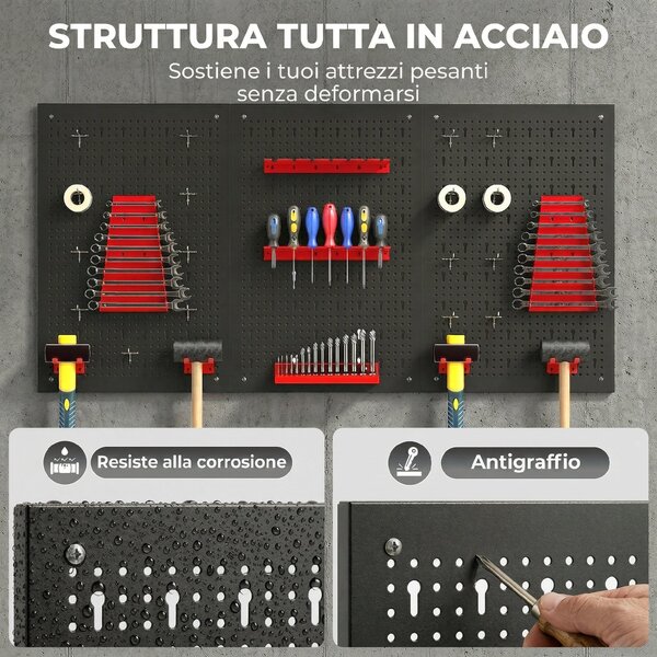 HOMCOM Set 3 Pannelli Porta Attrezzi da Parete in Acciaio con 9 Supporti e 16 Ganci, Nero e Rosso | Aosom Italy