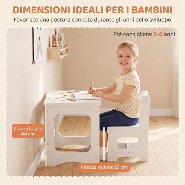 AIYAPLAY Set Tavolo e Sedia per Bambini 3-6 Anni con Piano Reversibile e Angoli Arrotondati, in Legno, Bianco | Aosom Italy