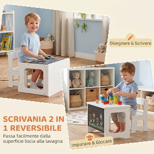 AIYAPLAY Set Tavolo e Sedia per Bambini 3-6 Anni con Piano Reversibile e Angoli Arrotondati, in Legno, Bianco | Aosom Italy