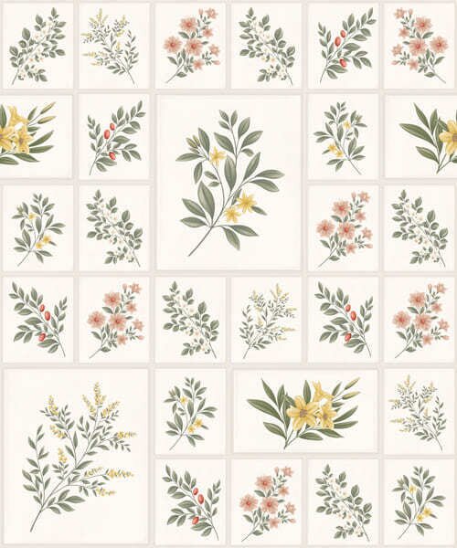 Carta da parati Motivo botanico con fiori e foglie incorniciati, Parati fiori e piante classici, a01258 : Uwalls.it