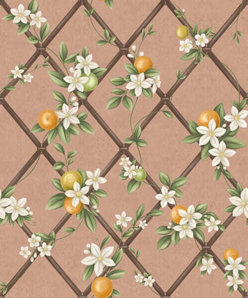 Carta da parati Fiori e agrumi su uno sfondo rosa con un motivo a traliccio, Parati fiori e piante classici, a01261v1 : Uwalls.it