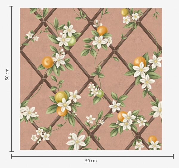 Carta da parati Fiori e agrumi su uno sfondo rosa con un motivo a traliccio, Parati fiori e piante classici, a01261v1 : Uwalls.it