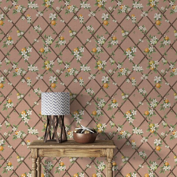 Carta da parati Fiori e agrumi su uno sfondo rosa con un motivo a traliccio, Parati fiori e piante classici, a01261v1 : Uwalls.it