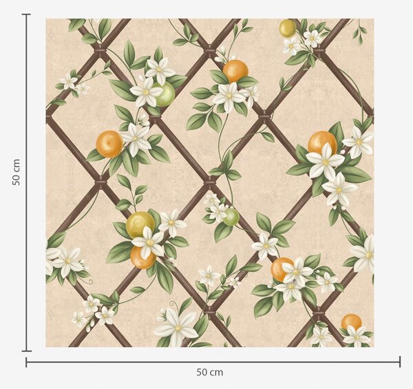 Carta da parati Fiori bianchi e agrumi su un reticolo marrone, Parati fiori e piante classici, a01261 : Uwalls.it