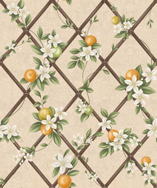 Carta da parati Fiori bianchi e agrumi su un reticolo marrone, Parati fiori e piante classici, a01261 : Uwalls.it
