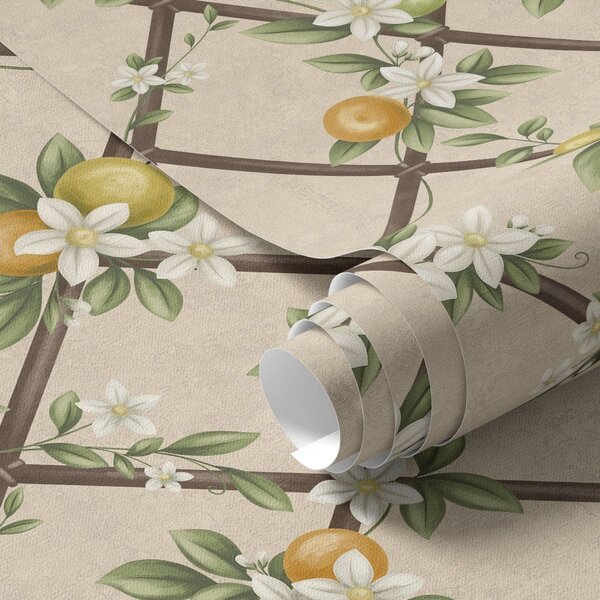 Carta da parati Fiori bianchi e agrumi su un reticolo marrone, Parati fiori e piante classici, a01261 : Uwalls.it