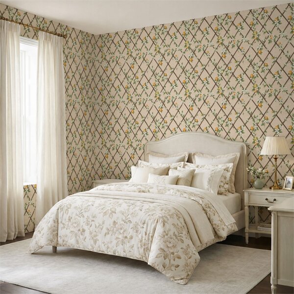 Carta da parati Fiori bianchi e agrumi su un reticolo marrone, Parati fiori e piante classici, a01261 : Uwalls.it