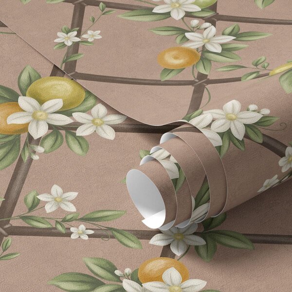Carta da parati Fiori e agrumi su uno sfondo rosa con un motivo a traliccio, Parati fiori e piante classici, a01261v1 : Uwalls.it