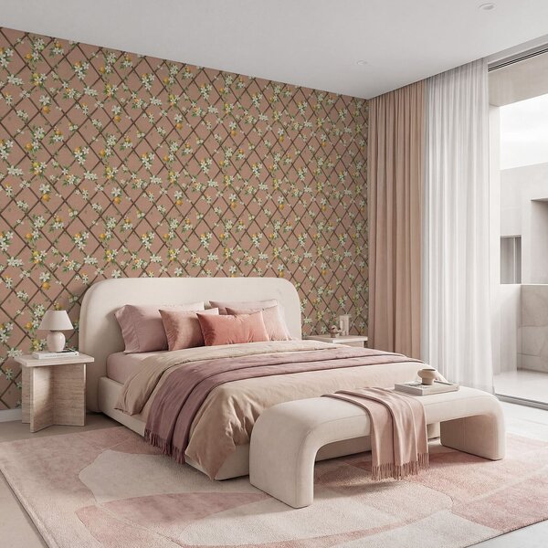 Carta da parati Fiori e agrumi su uno sfondo rosa con un motivo a traliccio, Parati fiori e piante classici, a01261v1 : Uwalls.it