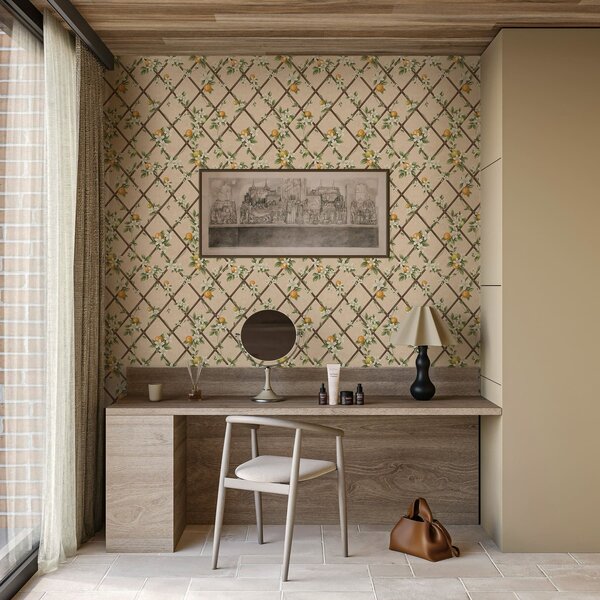 Carta da parati Fiori bianchi e agrumi su un reticolo marrone, Parati fiori e piante classici, a01261 : Uwalls.it