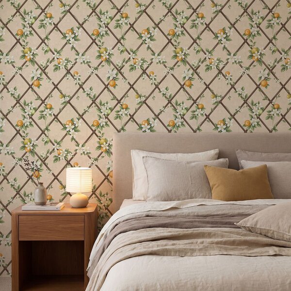 Carta da parati Fiori bianchi e agrumi su un reticolo marrone, Parati fiori e piante classici, a01261 : Uwalls.it