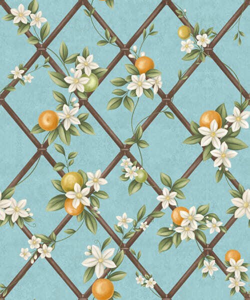 Carta da parati Fiori e agrumi su sfondo blu con motivo a traliccio, Parati fiori e piante classici, a01261v3 : Uwalls.it