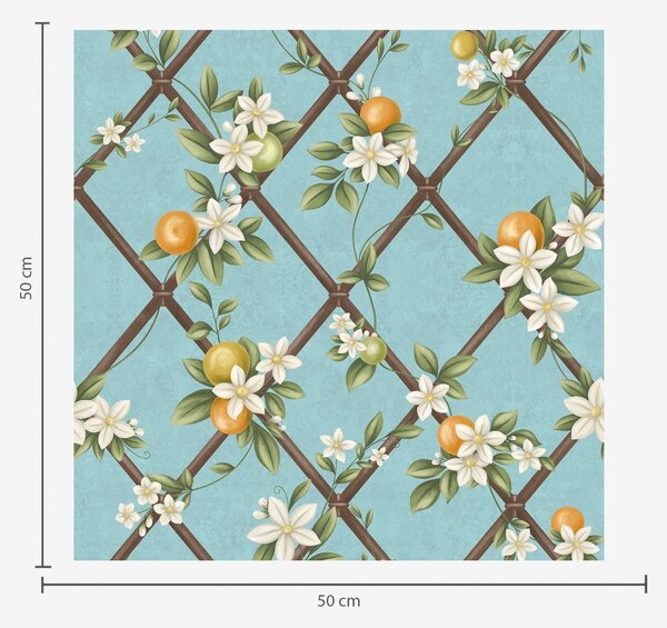 Carta da parati Fiori e agrumi su sfondo blu con motivo a traliccio, Parati fiori e piante classici, a01261v3 : Uwalls.it